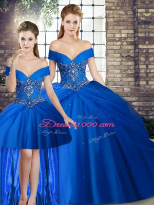 Great Royal Blue Off The Shoulder Lace Up Beading and Pick Ups Quinceanera Dresses Brush Train Sleeveless