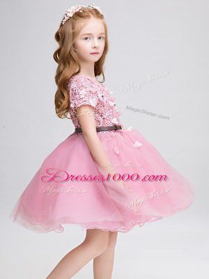 Short Sleeves Lace and Belt Lace Up Toddler Flower Girl Dress