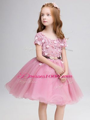 Short Sleeves Lace and Belt Lace Up Toddler Flower Girl Dress