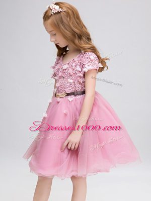 Short Sleeves Lace and Belt Lace Up Toddler Flower Girl Dress