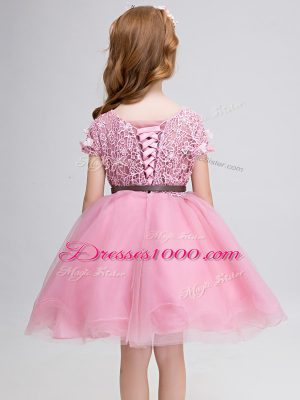 Short Sleeves Lace and Belt Lace Up Toddler Flower Girl Dress