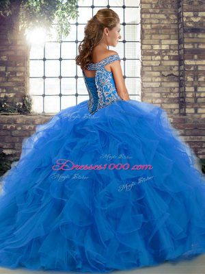 Gorgeous Brush Train Ball Gowns Quinceanera Dress Royal Blue Off The Shoulder Tulle Sleeveless Lace Up