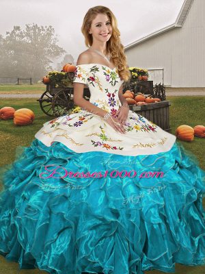 Colorful Aqua Blue Organza Lace Up Quinceanera Dress Sleeveless Floor Length Embroidery and Ruffles