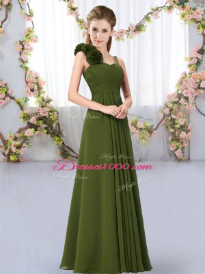 Most Popular Floor Length Olive Green Bridesmaid Dresses Chiffon Sleeveless Hand Made Flower