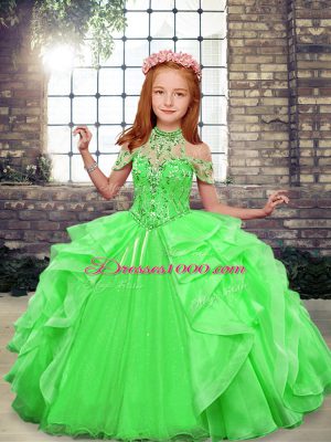 Green Ball Gowns High-neck Sleeveless Organza Floor Length Lace Up Beading Glitz Pageant Dress