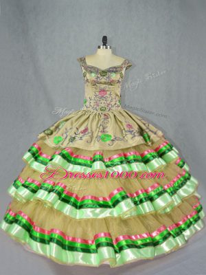 Excellent Olive Green Sleeveless Floor Length Embroidery and Ruffled Layers Lace Up Vestidos de Quinceanera