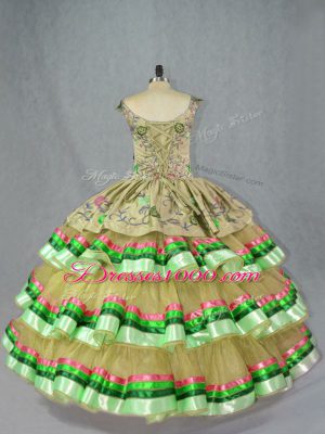 Excellent Olive Green Sleeveless Floor Length Embroidery and Ruffled Layers Lace Up Vestidos de Quinceanera