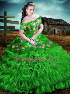 Fantastic Green Organza Lace Up Off The Shoulder Sleeveless Floor Length Quinceanera Gown Embroidery and Ruffles
