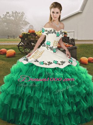 Chic Turquoise Sleeveless Floor Length Embroidery and Ruffled Layers Lace Up Quinceanera Gown