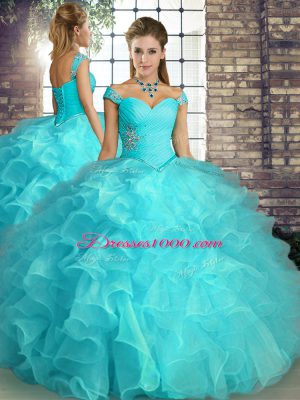 Sleeveless Lace Up Floor Length Beading and Ruffles Quinceanera Gown