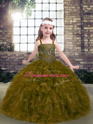 Olive Green Ball Gowns Organza Straps Sleeveless Beading and Ruffles Floor Length Lace Up Pageant Dress for Teens