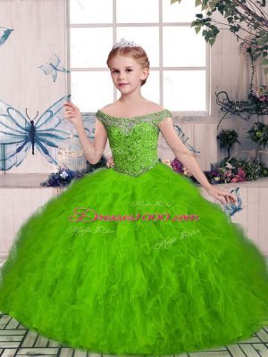 Ball Gowns Off The Shoulder Sleeveless Tulle Floor Length Lace Up Beading and Ruffles Girls Pageant Dresses