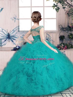 Ball Gowns Off The Shoulder Sleeveless Tulle Floor Length Lace Up Beading and Ruffles Girls Pageant Dresses