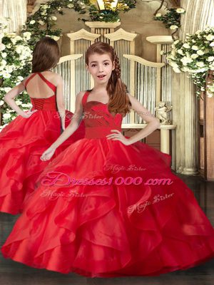 Red Ball Gowns Straps Sleeveless Tulle Floor Length Lace Up Ruffles and Ruching Party Dress Wholesale