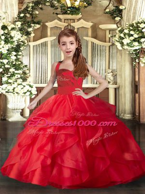 Red Ball Gowns Straps Sleeveless Tulle Floor Length Lace Up Ruffles and Ruching Party Dress Wholesale