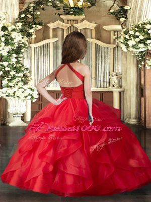 Red Ball Gowns Straps Sleeveless Tulle Floor Length Lace Up Ruffles and Ruching Party Dress Wholesale