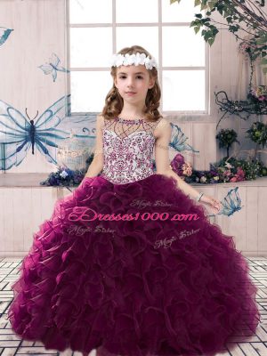 Beading and Ruffles Little Girl Pageant Gowns Dark Purple Lace Up Sleeveless Floor Length