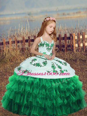 Fantastic Turquoise Straps Neckline Embroidery and Ruffled Layers Little Girls Pageant Dress Sleeveless Lace Up