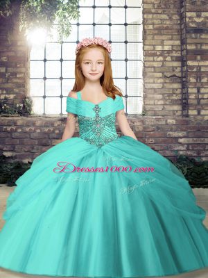 Custom Made Floor Length Ball Gowns Sleeveless Aqua Blue Little Girl Pageant Gowns Lace Up