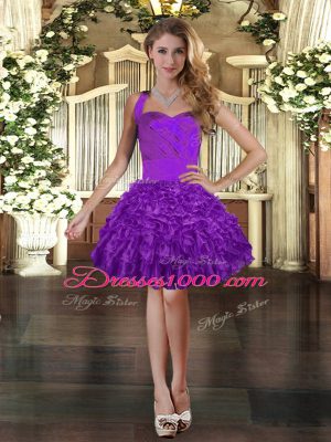 Mini Length Purple Teens Party Dress Organza Sleeveless Ruffles