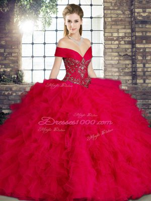 Flirting Ball Gowns Quinceanera Dresses Red Off The Shoulder Tulle Sleeveless Floor Length Lace Up