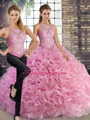 Scoop Sleeveless Lace Up Sweet 16 Dresses Rose Pink Fabric With Rolling Flowers