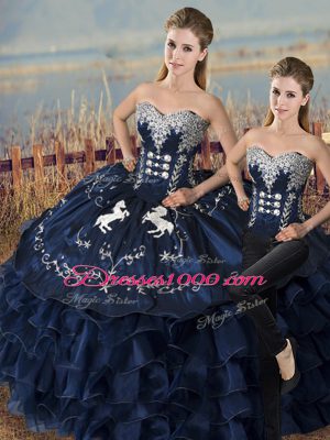Two Pieces 15 Quinceanera Dress Navy Blue Sweetheart Satin and Organza Sleeveless Floor Length Lace Up