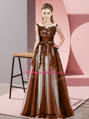 Brown Empire Beading and Lace Vestidos de Damas Zipper Tulle Sleeveless Floor Length