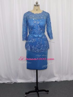 Trendy Blue Long Sleeves Satin Zipper Prom Party Dress for Prom and Party and Military Ball and Beach