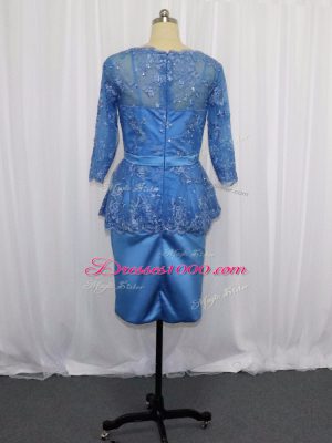 Trendy Blue Long Sleeves Satin Zipper Prom Party Dress for Prom and Party and Military Ball and Beach