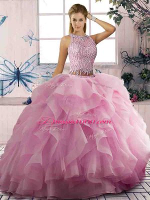 Colorful Pink Sleeveless Beading and Ruffles Floor Length Quinceanera Dresses
