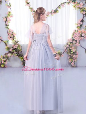 Light Blue Tulle Side Zipper Quinceanera Dama Dress Short Sleeves Floor Length Lace and Belt