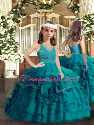 Chic V-neck Sleeveless Organza Sweet 16 Dresses Ruffles Brush Train Backless