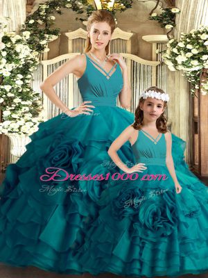 Chic V-neck Sleeveless Organza Sweet 16 Dresses Ruffles Brush Train Backless
