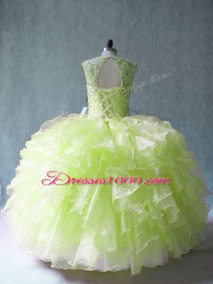 Beauteous Floor Length Yellow Green 15 Quinceanera Dress Organza Sleeveless Beading and Ruffles