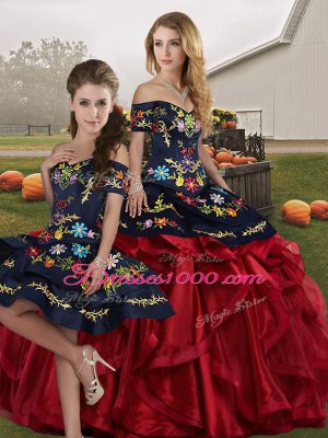 Latest Floor Length Red And Black Sweet 16 Dresses Off The Shoulder Sleeveless Lace Up