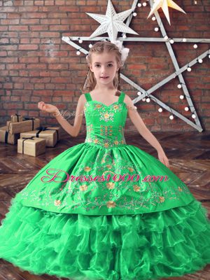 Dazzling Floor Length Green Party Dresses Satin and Organza Sleeveless Embroidery and Ruffled Layers