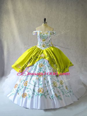 Pretty Off The Shoulder Sleeveless Organza Quinceanera Dress Embroidery and Ruffles Lace Up