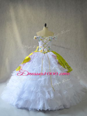 Pretty Off The Shoulder Sleeveless Organza Quinceanera Dress Embroidery and Ruffles Lace Up