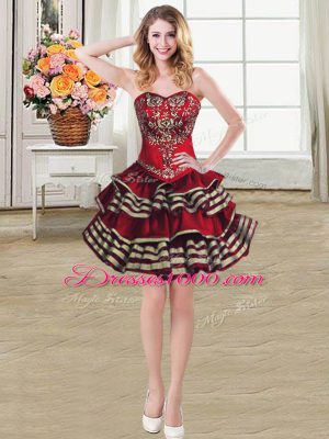 Taffeta Sweetheart Sleeveless Lace Up Embroidery and Ruffled Layers Prom Evening Gown in Burgundy