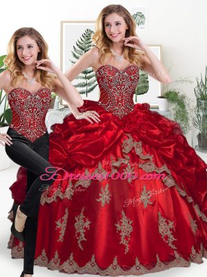 Wine Red Lace Up Sweetheart Beading and Appliques and Pick Ups Quince Ball Gowns Organza Sleeveless