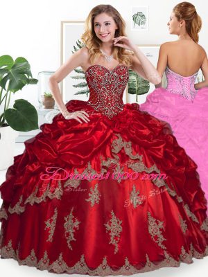 Wine Red Lace Up Sweetheart Beading and Appliques and Pick Ups Quince Ball Gowns Organza Sleeveless