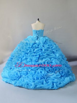 Customized Sweetheart Sleeveless Quinceanera Dress Court Train Beading and Pick Ups and Hand Made Flower Baby Blue Organza