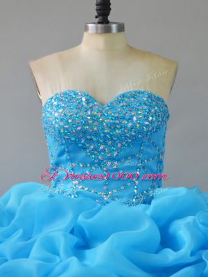 Customized Sweetheart Sleeveless Quinceanera Dress Court Train Beading and Pick Ups and Hand Made Flower Baby Blue Organza