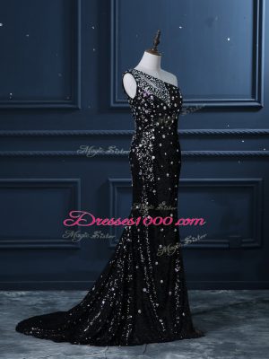 Black Mermaid One Shoulder Sleeveless Sequined Brush Train Backless Beading Juniors Evening Dress