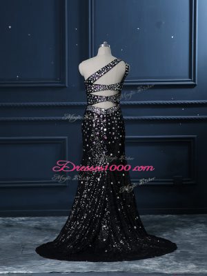 Black Mermaid One Shoulder Sleeveless Sequined Brush Train Backless Beading Juniors Evening Dress