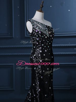 Black Mermaid One Shoulder Sleeveless Sequined Brush Train Backless Beading Juniors Evening Dress