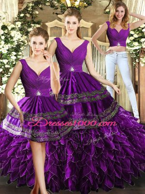 Shining V-neck Sleeveless Backless Quinceanera Dress Purple Organza