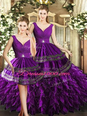 Shining V-neck Sleeveless Backless Quinceanera Dress Purple Organza