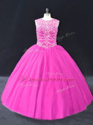 Custom Designed Fuchsia Tulle Lace Up Scoop Sleeveless Floor Length 15th Birthday Dress Beading